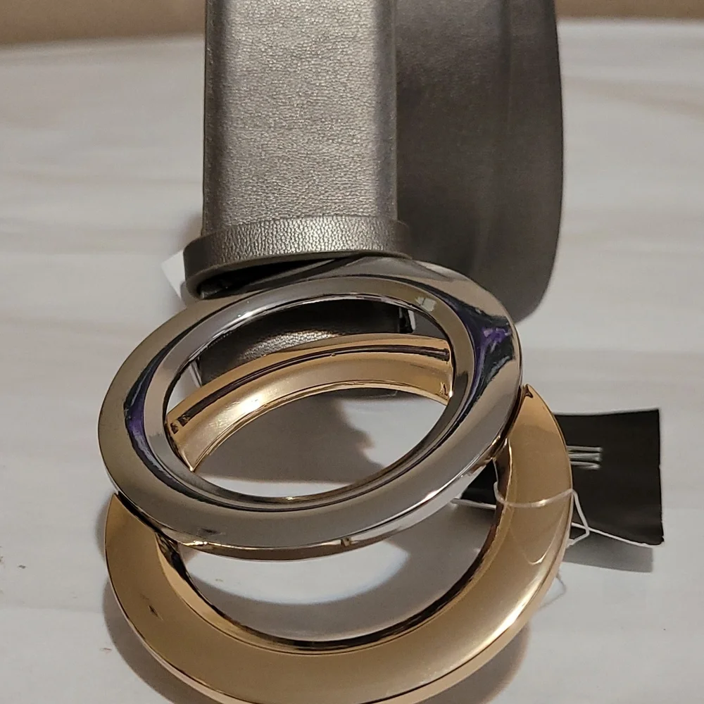 INC International Concepts belt Two tone Dbl Circle Buckle Pewter Sz Small New